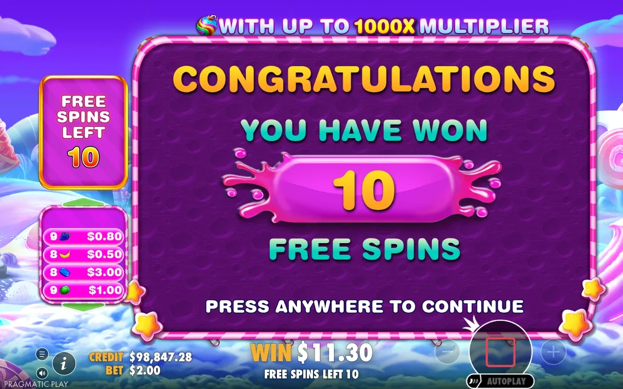 Οθόνη «ΚΕΡΔΙΣΑΤΕ 10 FREE SPINS» με λίστα κερδών ανά σύμβολο και συνολικό κέρδος $11.30.