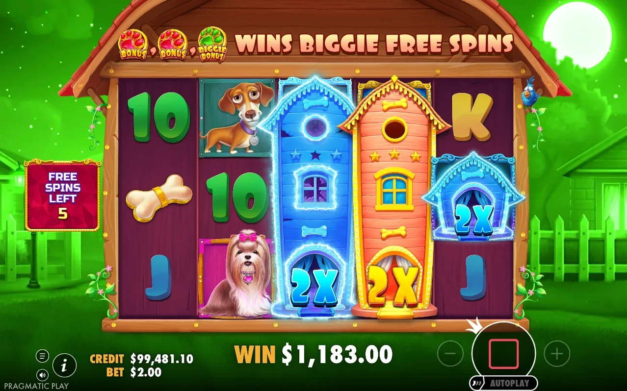Νίκη 1.183,00$ σε Biggie Free Spins με δύο επεκταμένα wild σπιτάκια 2x, απομένουν 5 γυρίσματα.