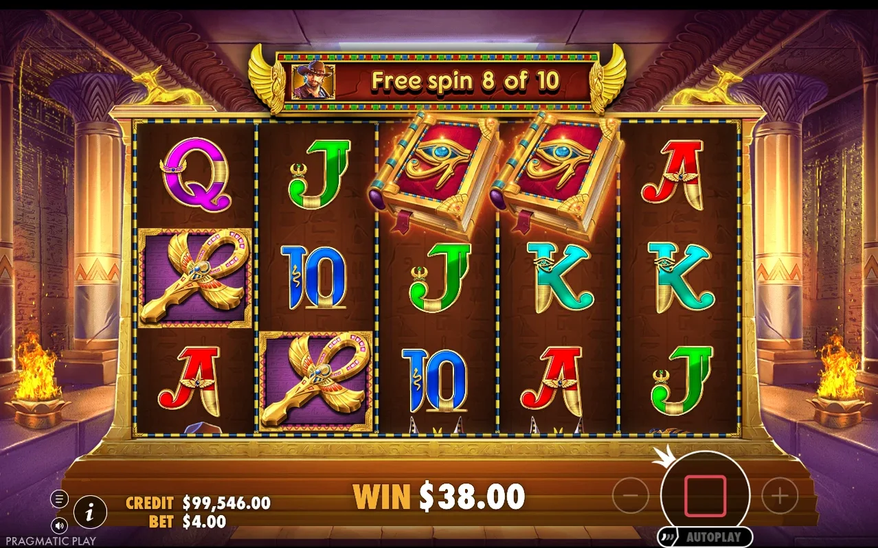 Γύρος δωρεάν περιστροφών, Free spin 8 of 10, δύο σύμβολα βιβλίου στους ανεμιστήρες, κέρδος $38.00.