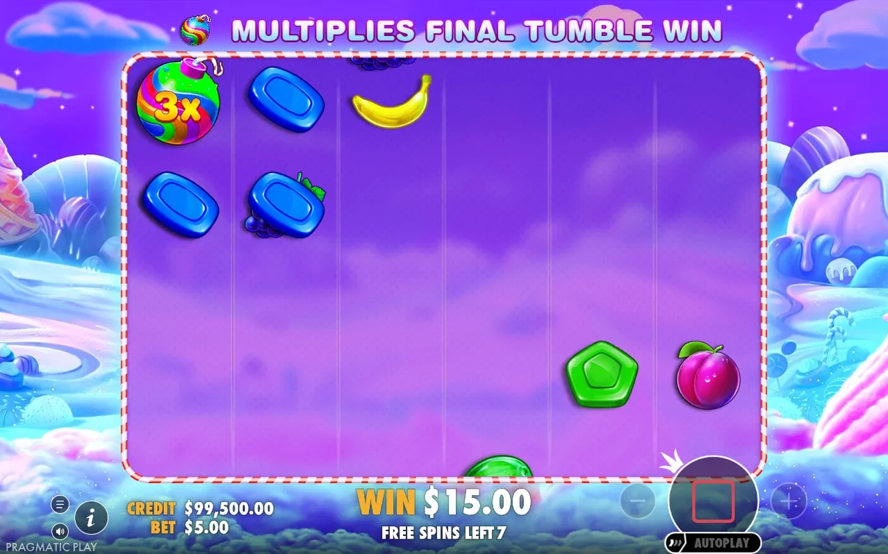 Γύρος free spins: βόμβα πολλαπλασιαστή 3x στο πλέγμα, WIN $15.00, FREE SPINS LEFT 7.