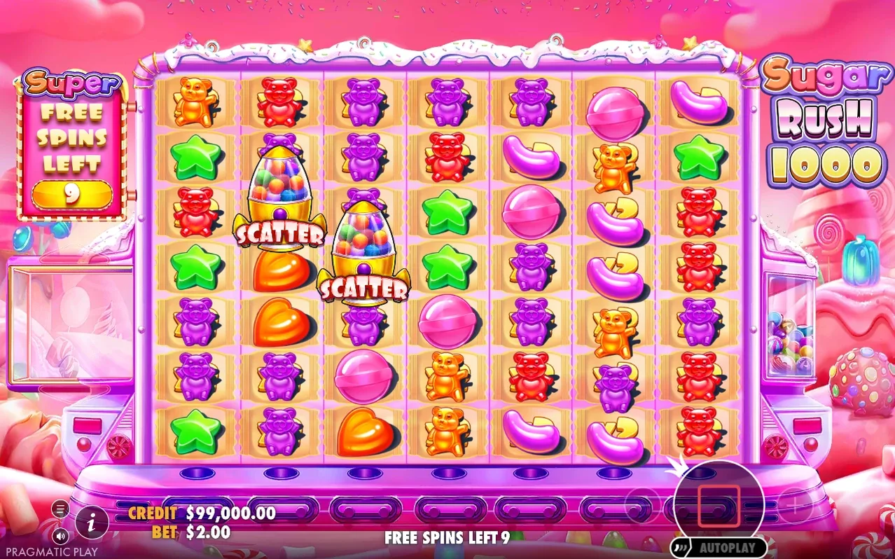 Πλέγμα σε λειτουργία Super Free Spins με δύο SCATTER ρόκετ και 9 περιστροφές να απομένουν.