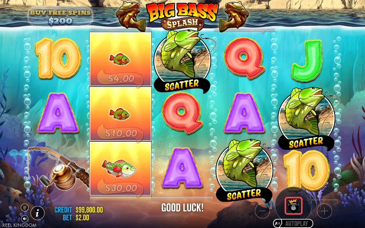 Τρία SCATTER στους κυλίνδρους ενεργοποιούν τα Free Spins, με τιμές ψαριών $4.00, $10.00, $30.00.