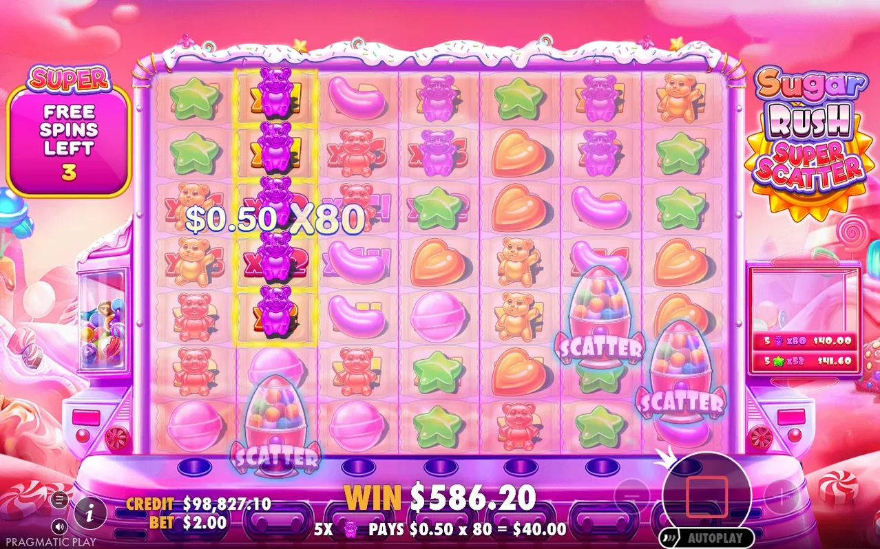 Σε Super Free Spins, στήλη μωβ αρκουδάκια με x80 δίνει κέρδος 586,20 δολάρια, 3 γυρίσματα απομένουν, δύο SCATTER ορατά.