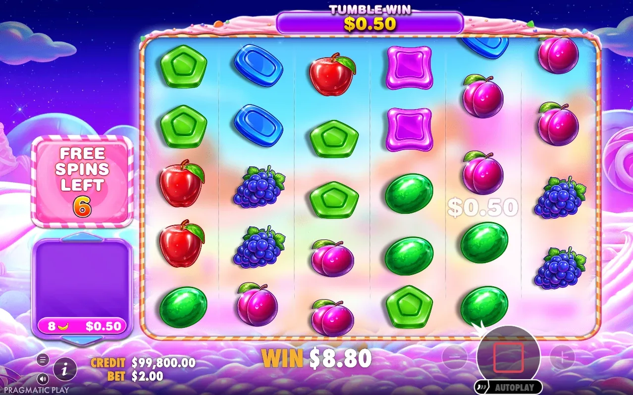 Οθόνη Free Spins: tumble win $0.50, Free Spins Left 6, συνολική νίκη $8.80.
