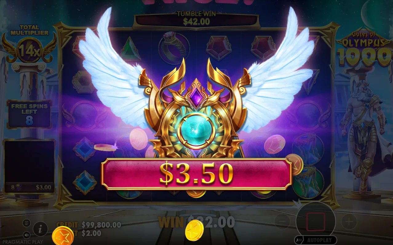 Χρυσό φτερωτό έμβλημα, πολλαπλασιαστής 14x, Tumble Win $42.00, κέρδος $3.50, Free Spins Left 8.